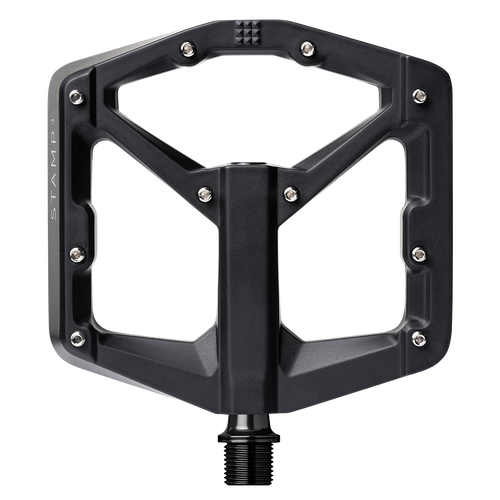 Crankbrothers Stamp 3 Large Pedal in Schwarz, Draufsicht mit Metallpins und großer Plattform